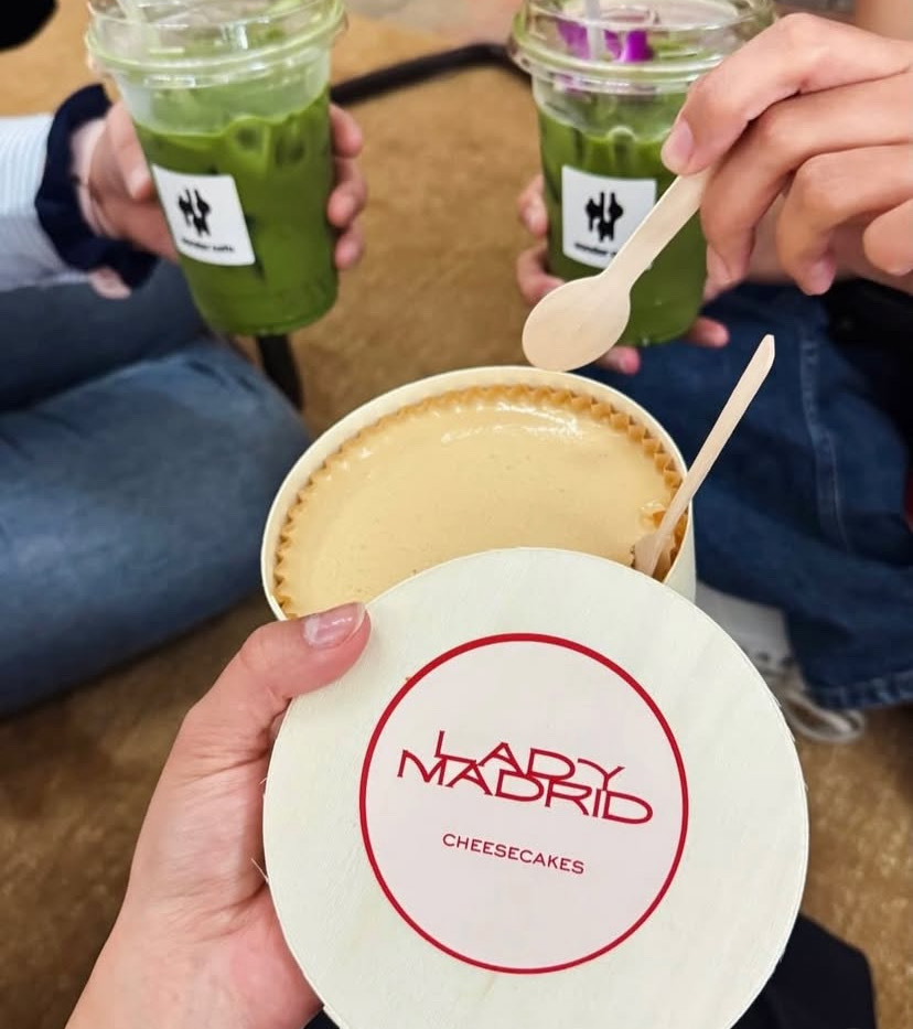 Lady Madrid cheesecake served with matcha drinks.